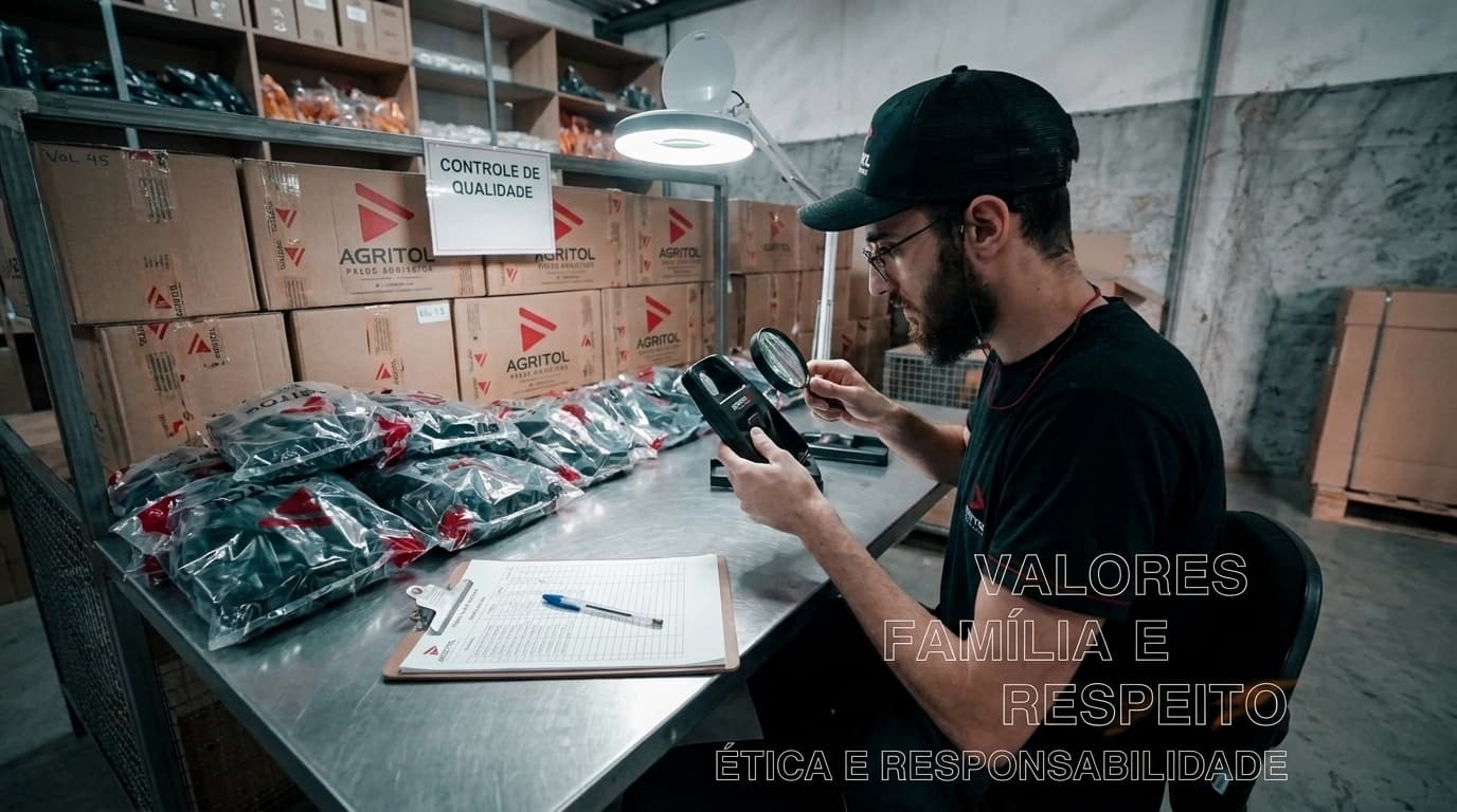 Inspeção de peça com lupa na bancada de controle de qualidade da Agritol.